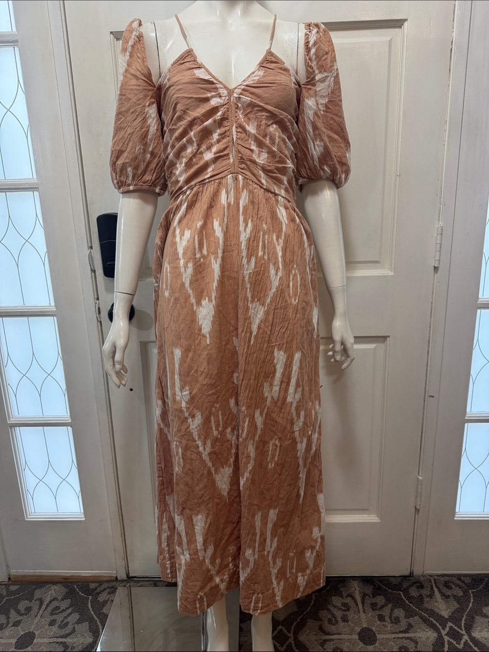 Mirth 100%cotton Rust Tie-Dye Midi Dress with Puff Sleeves size medium